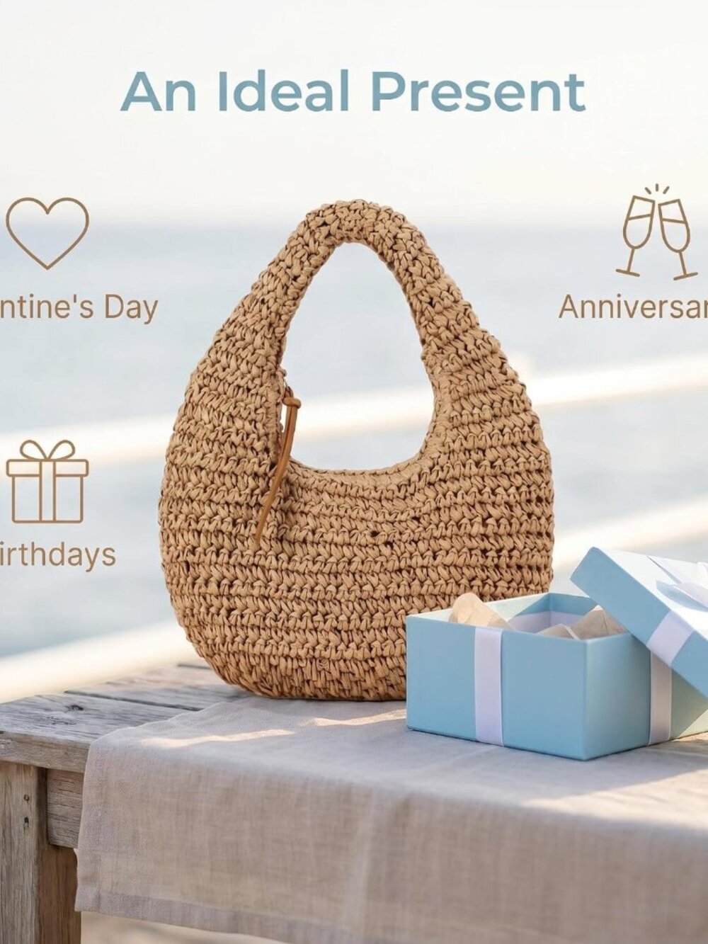 Handmade Crescent Straw Bag for Women, Summer Beach Hobo Raffia Woven Underarm H - Picture 6 of 6